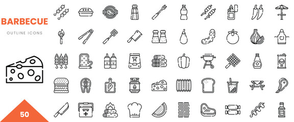 A collection of barbecue-themed outline icons featuring various grilling tools and food items.
