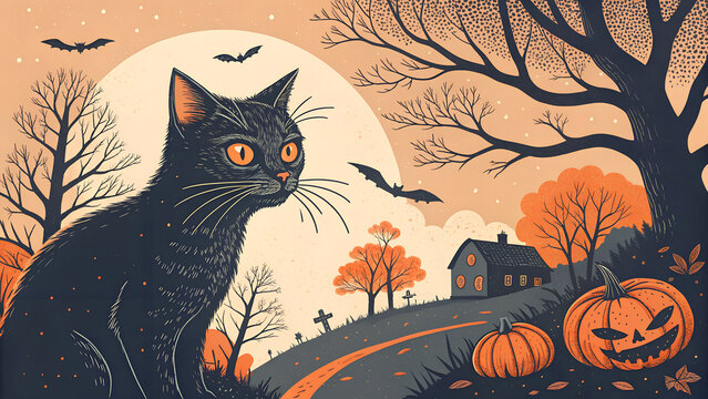 Creepy Halloween cat collage element with vintage stippling photocopy effect. Retro vector illustration for psychedelic surreal poster, with experimental grunge dotted texture - Powered by Adobe