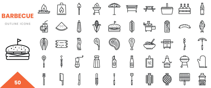 A collection of barbecue-themed outline icons, showcasing various grilling essentials and food items.