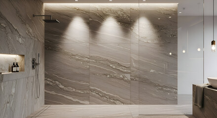 Modern bathroom showcases elegant marble wall tiles illuminated by soft lighting, creating a serene and luxurious spalike atmosphere for relaxation and rejuvenation.