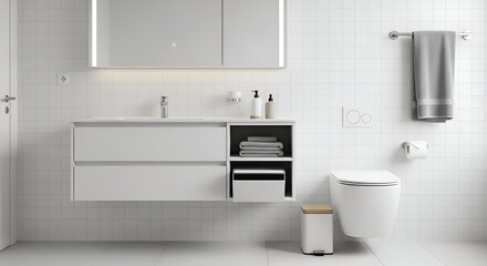 Fototapeta premium Modern bathroom showcasing minimalist white vanity and toilet against tiled wall creating clean and serene atmosphere for relaxation and personal care.