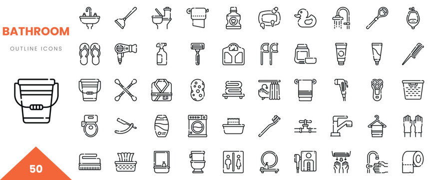 Collection of bathroom outline icons showcasing various hygiene and cleaning items.