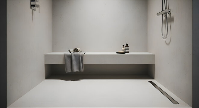 Minimalist bathroom showcases clean lines and neutral tones in a modern home, creating a serene and spalike atmosphere for relaxation and rejuvenation. - Powered by Adobe