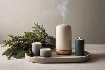 Aromatherapy diffuser emitting gentle mist beside evergreen clipping and unscented tealights, matte stone tray, calm winter palette, negative space