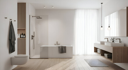 Fototapeta premium Modern bathroom showcases minimalist design with clean lines and natural light creating a serene and luxurious spalike atmosphere in a contemporary home setting.