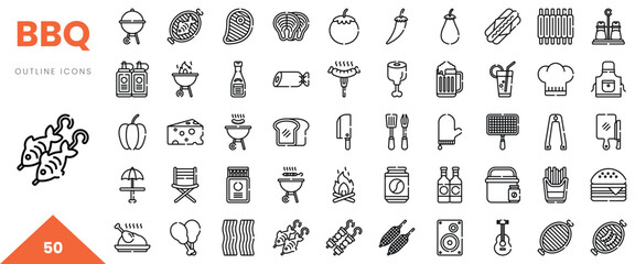 A diverse set of 50 BBQ outline icons featuring food, utensils, and drinks.