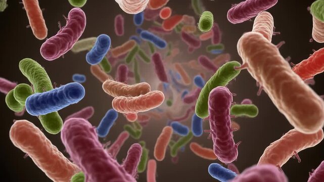 Illustration of diverse bacteria, including rod and cocci shapes, visualising microbiology, medical or scientific research concepts