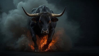 Fierce black bull charging through smoke and fire with intense eyes in dramatic dark atmosphere