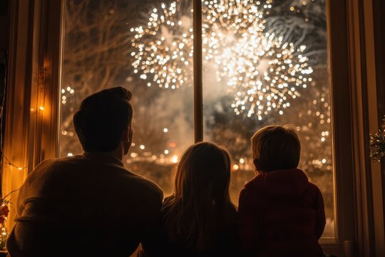 Family watches bright fireworks explode in the night sky from their cozy window indoors.
