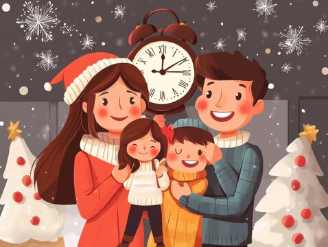 A happy family is hugging each other near decorated Christmas trees with snow falling.