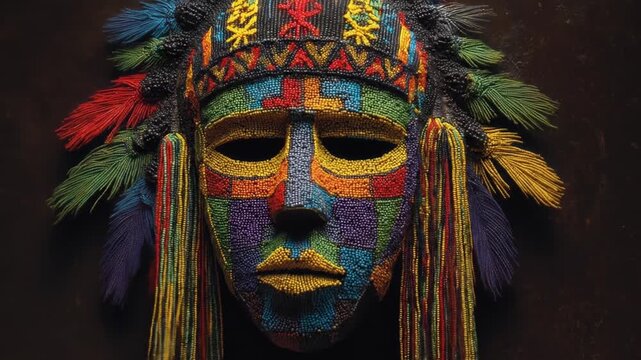 Close-up of a colorful beaded mask resembling a Native American headdress. Details are stunning