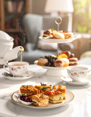 Afternoon Tea Desserts with Pouring Teapot
スイーツ皿と紅茶を注ぐアフタヌーンティーの優雅な構図
