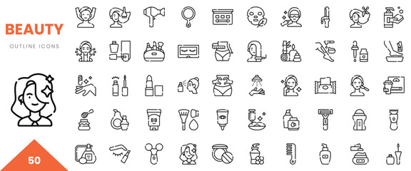 Diverse beauty outline icons showcasing skincare, cosmetics, and wellness tools.