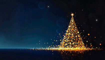 A magical scene featuring an intensely sparkling, glowing golden Christmas tree standing in a bed of pristine snow under a dark blue night sky.