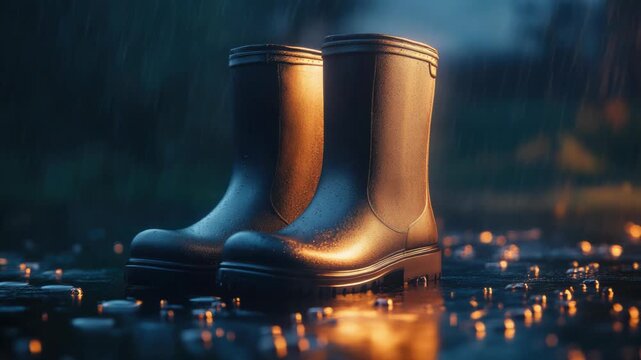 Video A pair of rain boots sitting on the edge of a puddle of water, perfect for adding a splash of color to your design