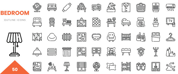 A collection of outline icons representing various bedroom elements and furniture.