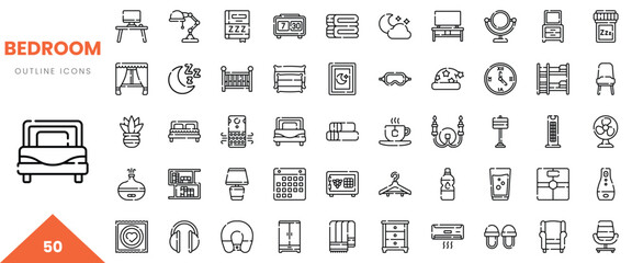 A collection of 50 outline icons depicting various bedroom elements and furniture styles.