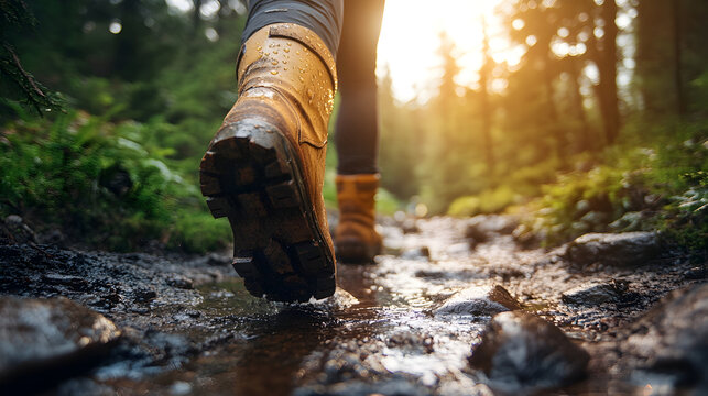 Hiker walking through a forest trail during sunset, with golden light filtering through trees and reflecting on water