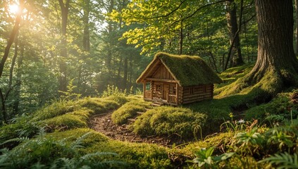 Sunlit mossy cabin in forest with tiny wooden house and lush greenery in tranquil morning light