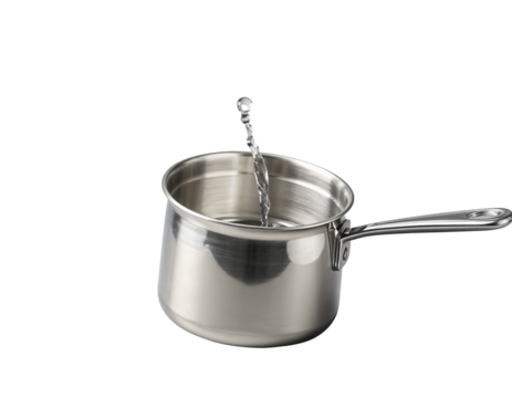 Water being poured into a stainless steel saucepan with a transparent background