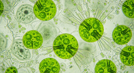 Intricate Volvox Algae Colony Close-Up Reveals Microscopic World, Perfect for Scientific Research, Biology Education, and Environmental Awareness Campaigns