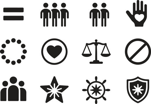 Human Rights Icons – Equality, Circle, Balance Scale, Star, Community, Shield Outline Set