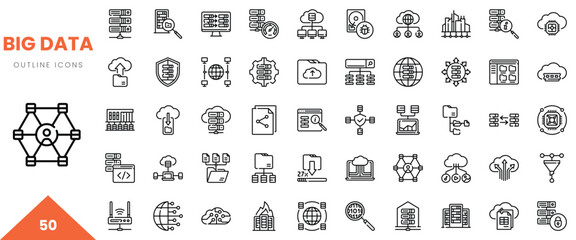 A collection of 50 big data outline icons showcasing various technologies and concepts.