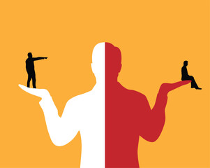 Silhouette of Man with Small Human Figures in Hands. Split personality and mental disorder, making a decision vector art
