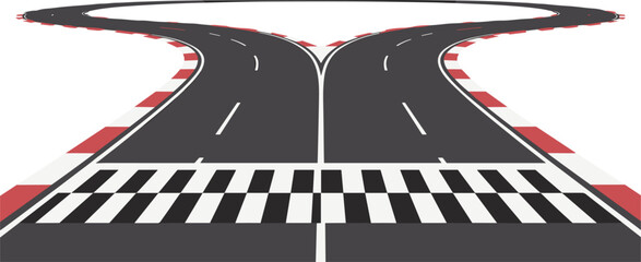 Race track split into two divergent paths from the checkered starting line, motorsport, choice, competition, opportunity, and challenge vector illustration
