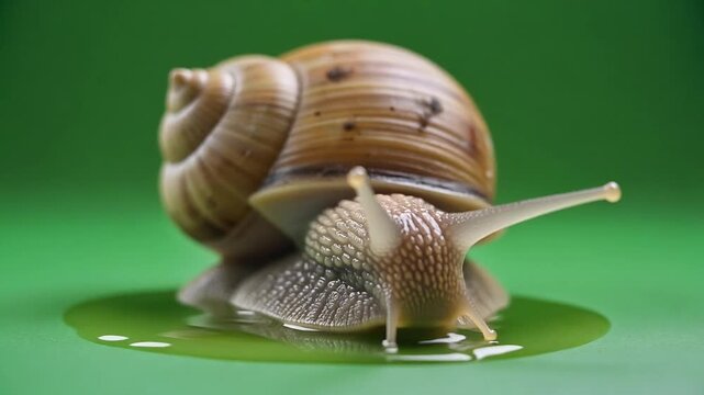 A snail moves slowly on a green surface with its shell visible