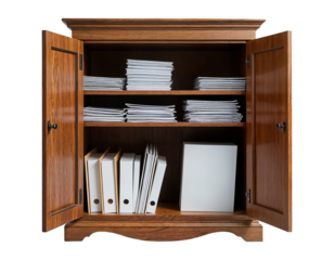 Open Wooden Cabinet with Office Documents and Binders