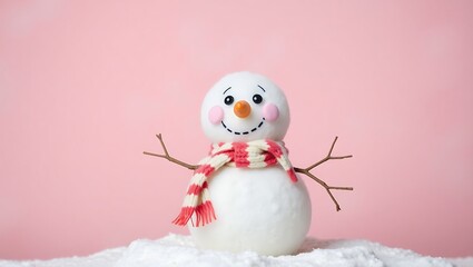 Adorable snowman with a scarf and twig arms on a pink background isolated on white background