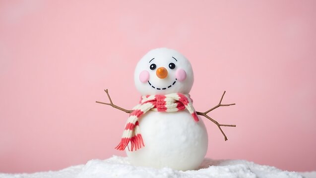Adorable snowman with a scarf and twig arms on a pink background isolated on white background