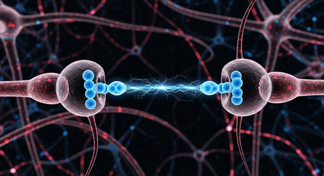Dynamic neuron synapse transmitting signals with electric impulse, visualizing neurological process, brain activity, and advanced medical research concepts