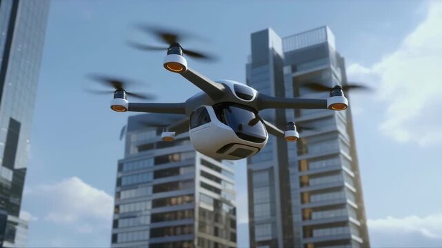 Autonomous air taxi flies through urban cityscape, future of transportation, personal aerial vehicle for urban mobility, innovative travel, futuristic technology