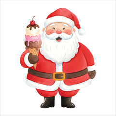 Santa Claus holding a Christmas ice cream cone, watercolor illustration isolated on black background
