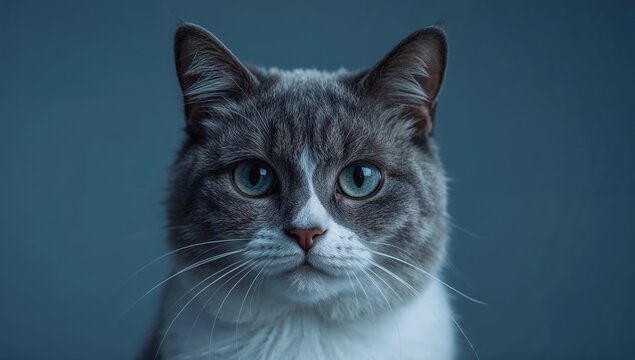 Gray tabby cat with blue eyes looking forward on blue background, whiskers, alert expression, domestic feline closeup portrait