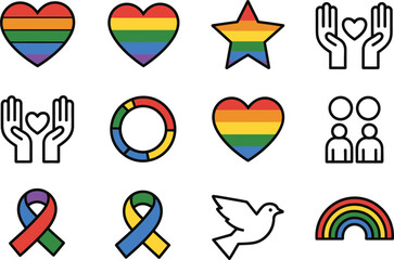 Pride Icons Set &ndash; Rainbow Heart, Flag Ribbon, Equality, Love, Peace Dove, LGBTQ Color Symbols