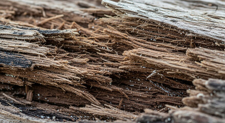 Magnificent close-up of decayed wood grain texture, perfect for rustic designs, natural backgrounds, or demonstrating wood damage and decomposition studies