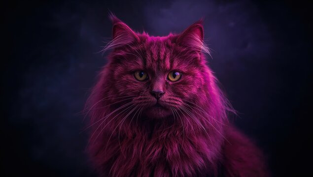 Majestic longhaired cat with vibrant purple fur and intense yellow eyes against a dark mysterious background