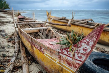 Close-up of old, colorful traditional fishing canoes resting on a sandy tropical beach