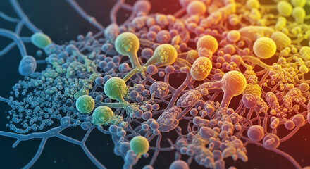 Colorful microscopic view of mold spores and hyphae for science education or medical research, showing complex fungal structures, perfect for microbiology visuals