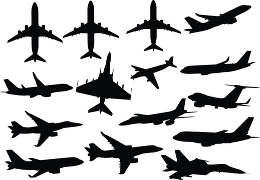 Silhouettes of commercial airliners, military jets, and fighter planes in various angles for aviation design, education, and recognition projects.