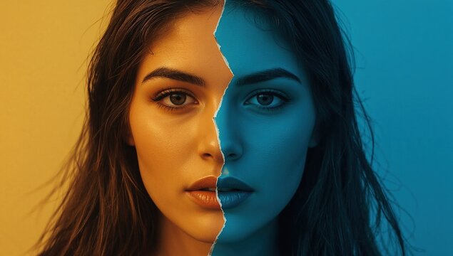 Duality concept portrait of young woman with split face in warm yellow and cool blue tones, symbolizing emotional contrast