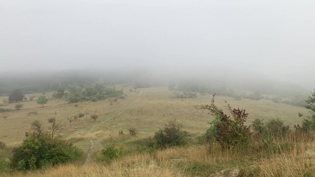 Fog and landscape at the Napoleon path with memory stone near Jena