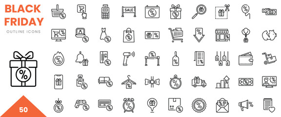 A collection of Black Friday icons, featuring sale tags, shopping carts, and discount graphics in outline style.