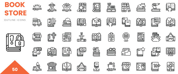 Detailed outline icons representing various bookstore themes and elements in a minimalist design.