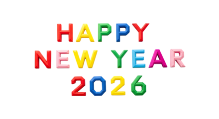Colorful happy new year 2026 text isolated on transparent background