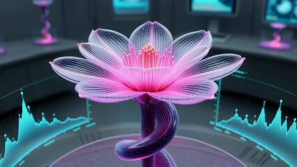 Futuristic purple synthetic flower blooming inside a laboratory petri dish with holographic data screens, illustrating biotechnology and genetic engineering concepts - Powered by Adobe
