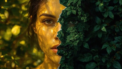 Woman blending with nature concept: half human face and half lush green leaves surreal portrait, environmental harmony, identity, duality